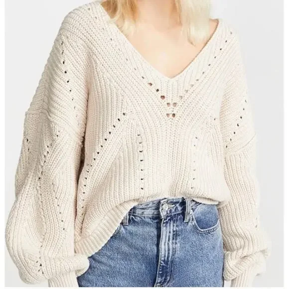 Free People All Day Long Oatmeal Cream Chunky Knit Cropped Sweater M Boho EUC! - Picture 3 of 8